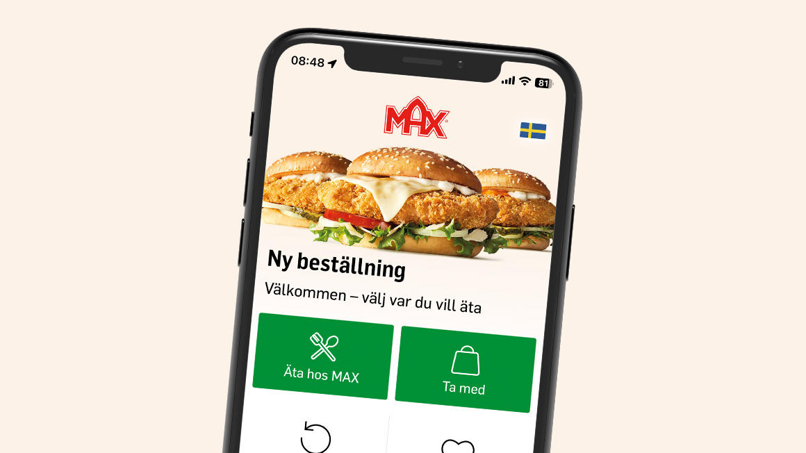 Iphone med bild av en Max-hamburgare. Text: Skippa köandet nästa gång. Fotomontage.