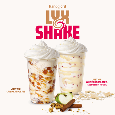MAX lyxshakes i flera smaker mot grå bakgrund samt texten Lyx Shake. Foto. 