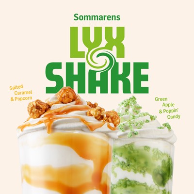 MAX lyxshakes i flera smaker mot grå bakgrund samt texten Lyx Shake. Foto. 