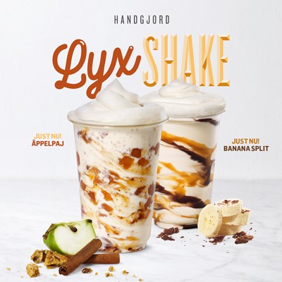 MAX lyx shakes i flera smaker mot grå bakgrund samt texten Lyx Shake. Foto. 