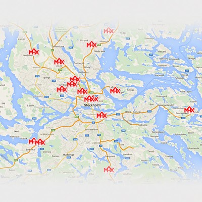 Karta över Stockholm city och förorter med MAX-logotyper markerade på flera platser. Illustration.