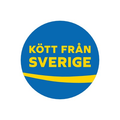 Kött från sverige. Mörkblå cirkel med gul text. Illustration. 